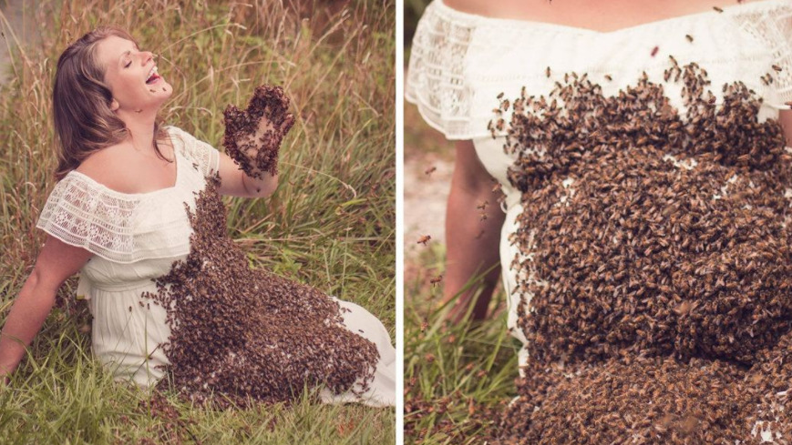 Ekstremalna ciążowa sesja zdjęciowa z pszczołami – przyszłą mamę spotkał horror!
