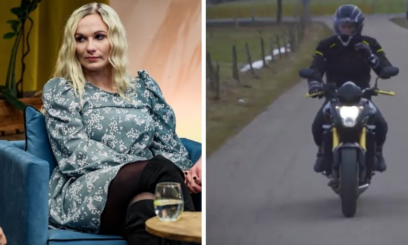 Magda z Rolnik szuka żony w kwiecistej sukience i Emil na motorze.