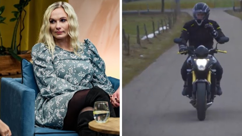 Magda z Rolnik szuka żony w kwiecistej sukience i Emil na motorze.