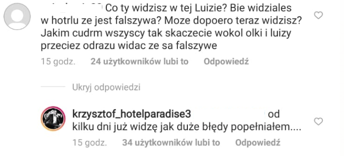 Wpis Krzysztofa na temat Luizy z Hotelu Paradise.
