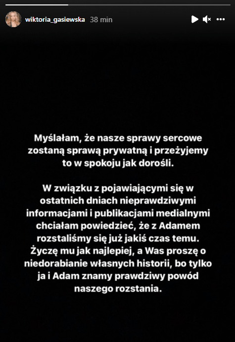 Wpis Gąsiewskiej na Instagramie.