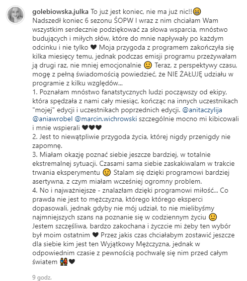 Screen z Instagrama Julii Gołębiowskiej.