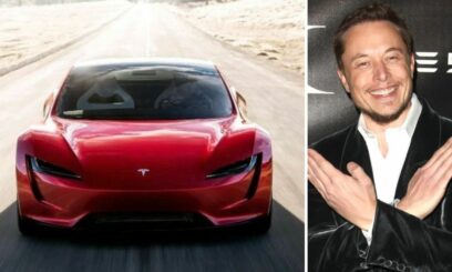 Elon Musk i Tesla Roadster.