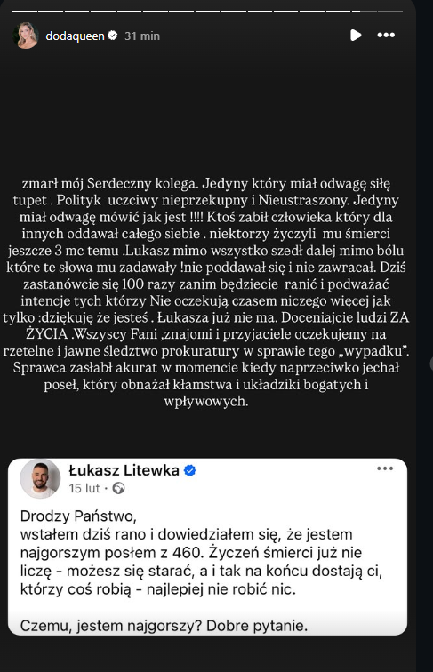 Ostre słowa Joanny Senyszyn po śmierci Łukasza Litewki. Uderza w teorię Dody