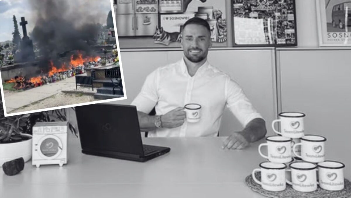 Pożar na grobie Łukasza Litewki w Sosnowcu. Strażacy gasili płomienie przy grobie posła