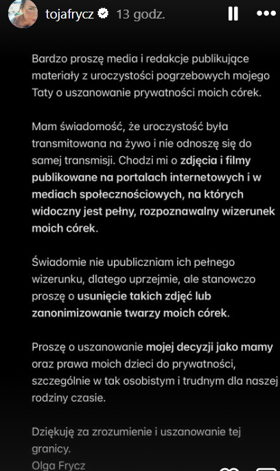 Olga Frycz zabrała głos dzień po pogrzebie ojca. Zaapelowała do mediów